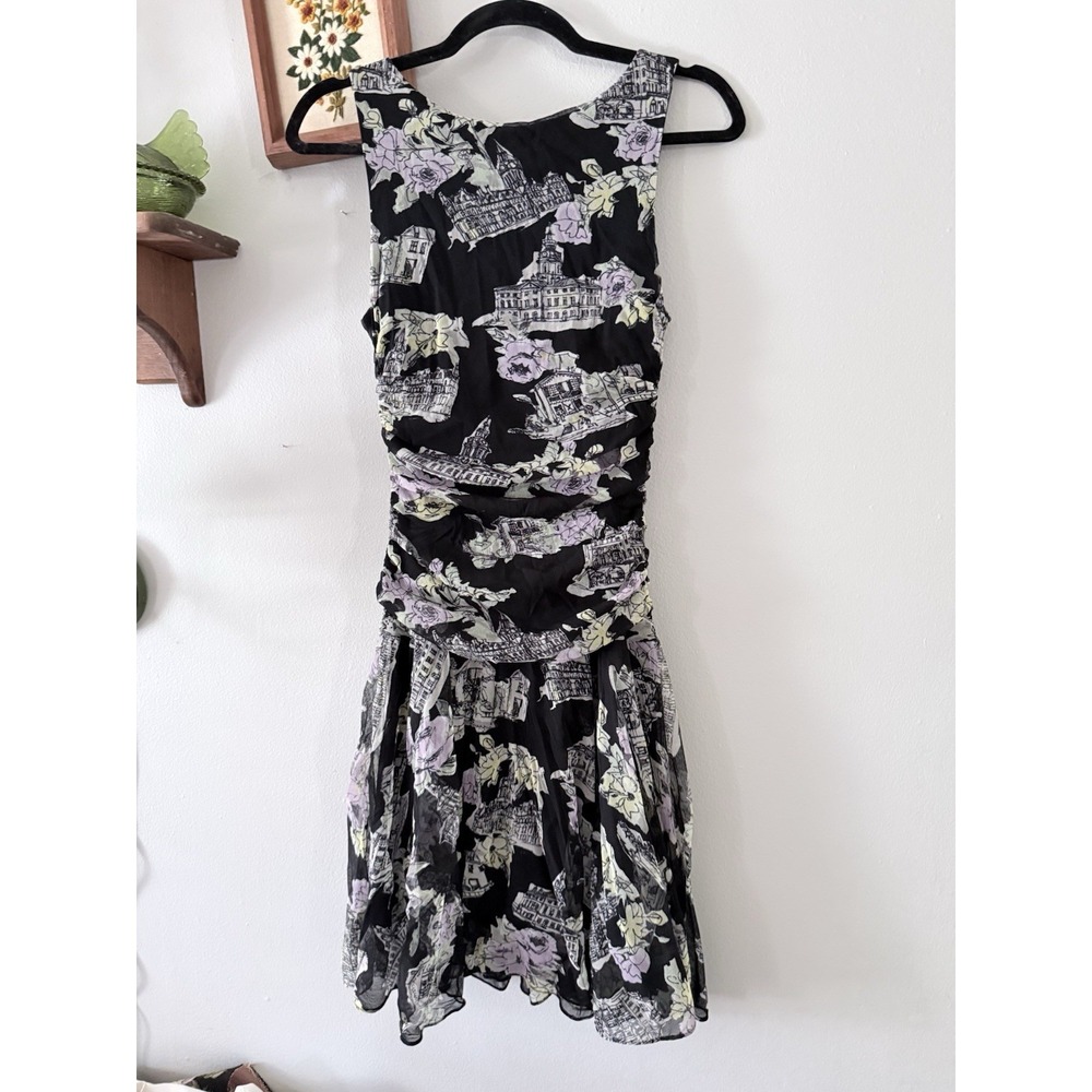 Floral Cityscape Y2K Mesh Fairy Goth Fit & Flare Dress Ruched Sz 8 Nine West - Picture 7 of 8